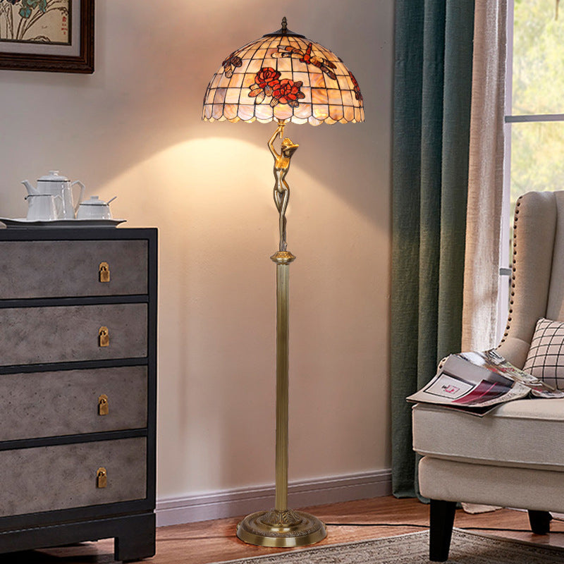 Traditionelle Tiffany Messing Shell Dome Rose Libelle 3-Licht Stehlampe für Wohnzimmer 