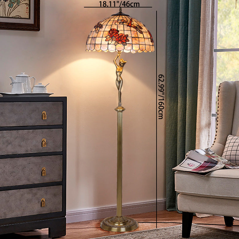 Traditionelle Tiffany Messing Shell Dome Rose Libelle 3-Licht Stehlampe für Wohnzimmer 