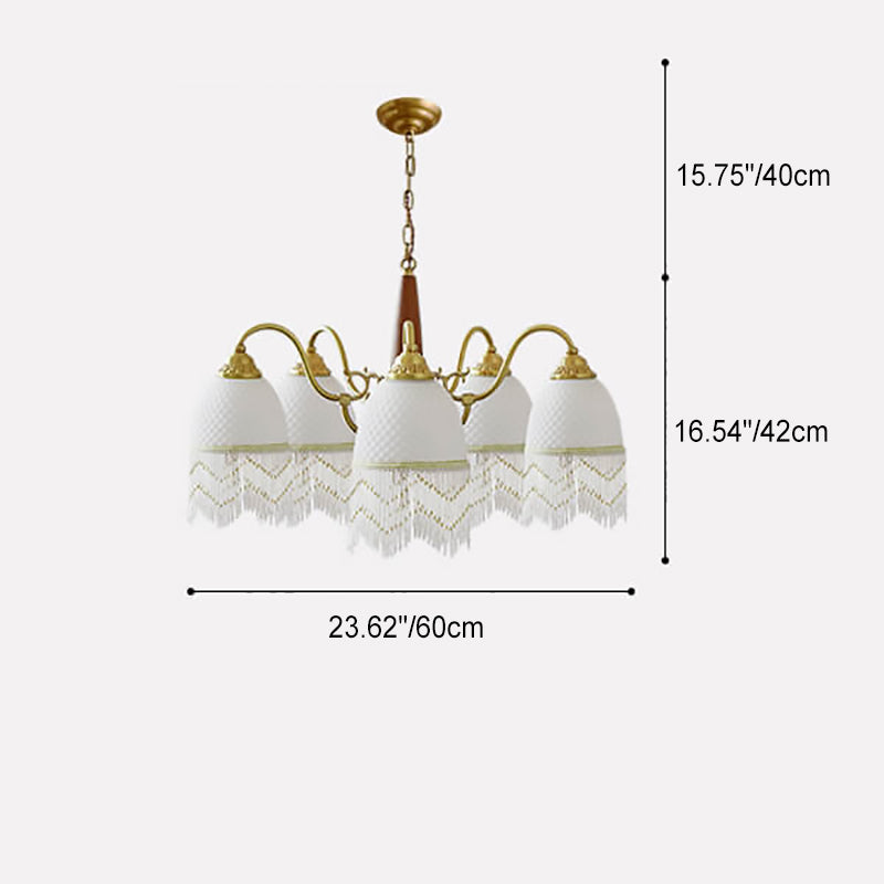Traditional Vintage Grid Tassel Copper Wood Glass 3/5/8 Light Chandelier For Living Room