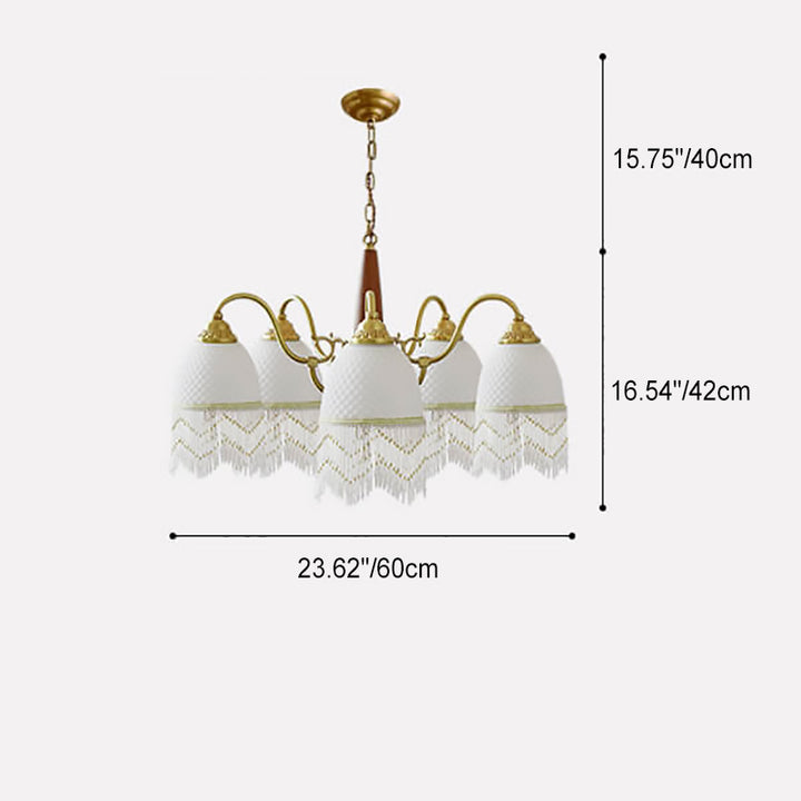 Traditional Vintage Grid Tassel Copper Wood Glass 3/5/8 Light Chandelier For Living Room