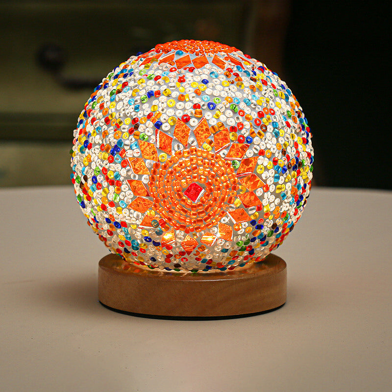 Zeitgenössische Boho Orb Holz Glas USB LED Tischlampe für Schlafzimmer 