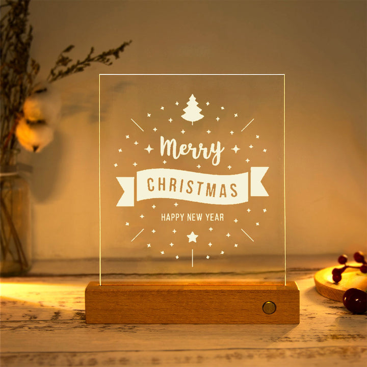 Moderne Weihnachtsrechteckige Acrylplatte Massivholz USB LED Tischlampe 