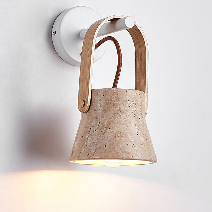 Aplique de pared de 1 luz redondo de travertino amarillo y nogal retro japonés 