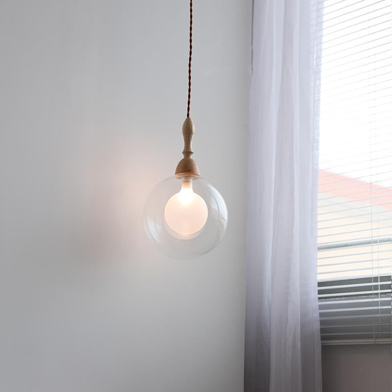 Lámpara colgante de 1 luz de vidrio y madera con forma de orbe japonés tradicional para sala de estar 
