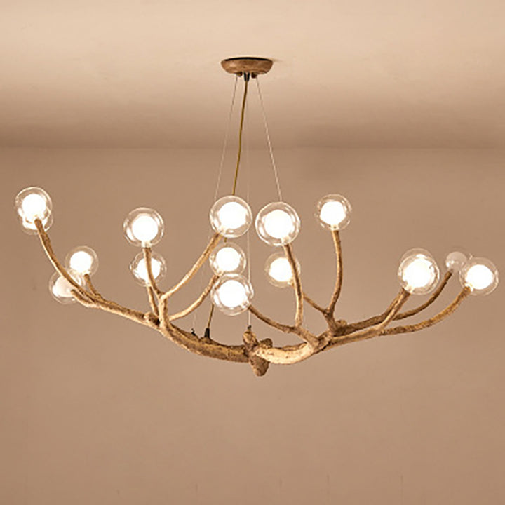 Araña de ramas de madera con globo de vidrio moderno de 8/12/16/20 luces para sala de estar 