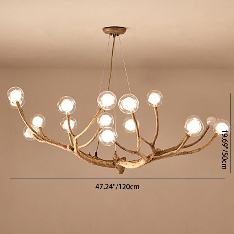 Araña de ramas de madera con globo de vidrio moderno de 8/12/16/20 luces para sala de estar 