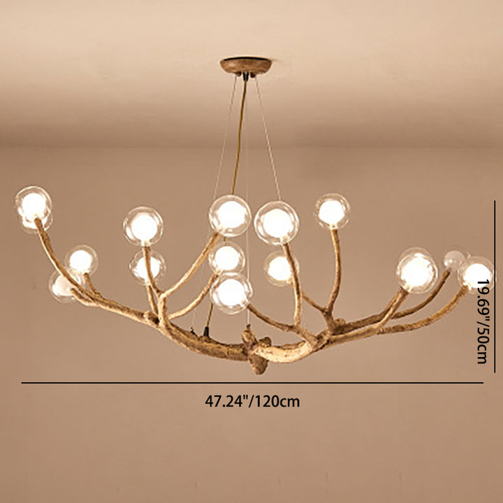 Araña de ramas de madera con globo de vidrio moderno de 8/12/16/20 luces para sala de estar 