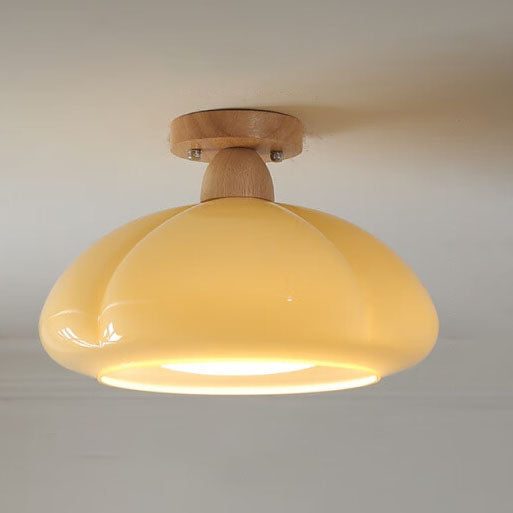 Moderne Cremefarbene Ovale Kürbisgummi-Holzglas 1-Licht Halbeinbau-Deckenleuchte 