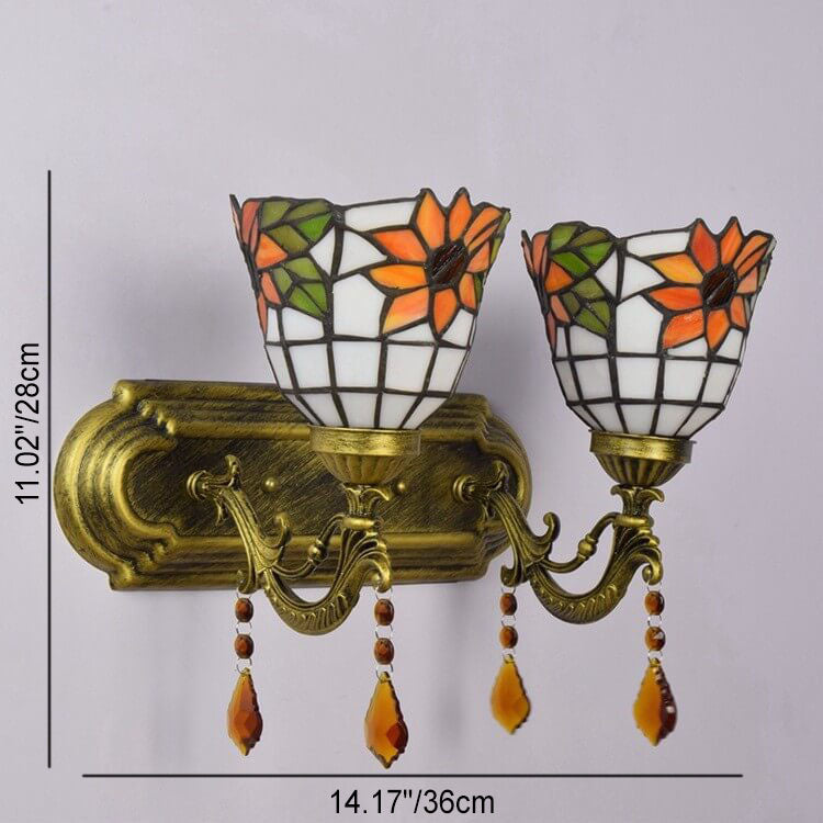 European Vintage Tiffany Sun Flower Glass Metal Resin 1/2-Light Wall Sconce Lamp