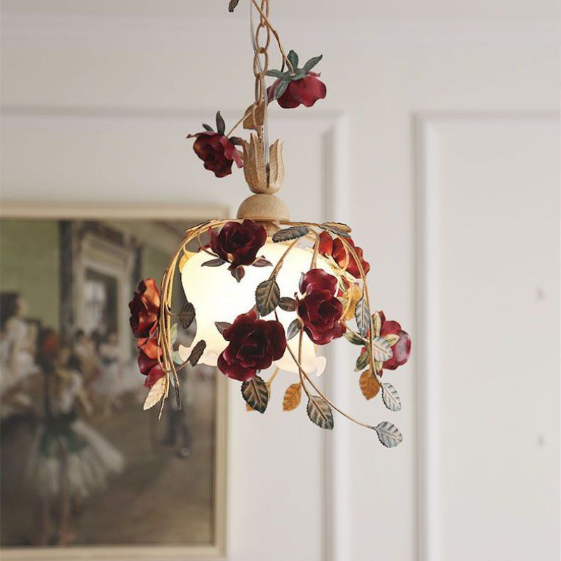 Zeitgenössische Retro Eisen Glas Rose 1-Licht Pendelleuchte für Schlafzimmer 