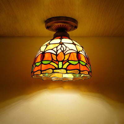 Lámpara de techo semiempotrada de 1 luz con cúpula de hierro y vidrio de colores Tiffany Tulip tradicional para sala de estar 