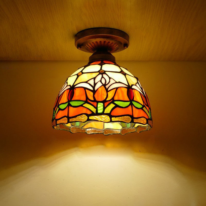 Lámpara de techo semiempotrada de 1 luz con cúpula de hierro y vidrio de colores Tiffany Tulip tradicional para sala de estar 