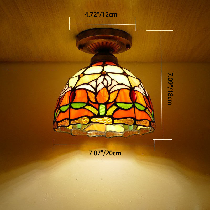 Lámpara de techo semiempotrada de 1 luz con cúpula de hierro y vidrio de colores Tiffany Tulip tradicional para sala de estar 