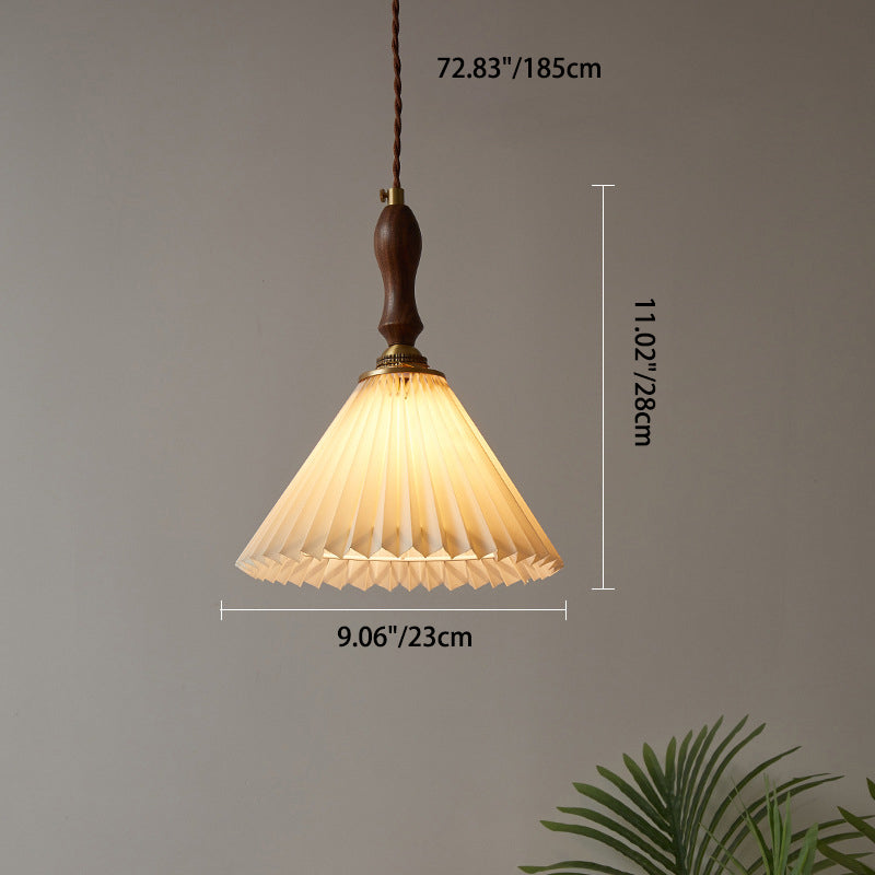 Vintage 1-Light Pleated Fabric Conical Pendant Light