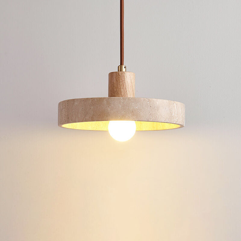 Japanese Minimalist Solid Wood Disc Yellow Travertine Base 1-Light Pendant Light