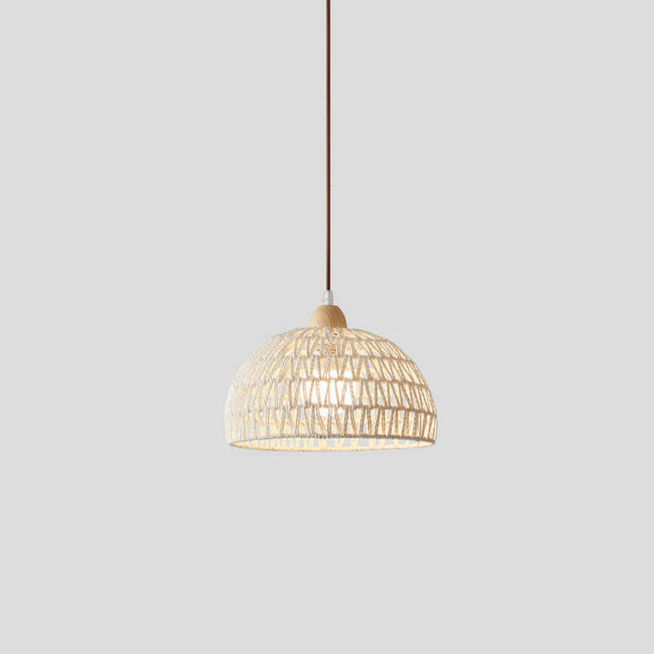 Contemporary Boho Rubberwood Faux Rattan Weaving Dome 1-Light Pendant Light For Dining Room