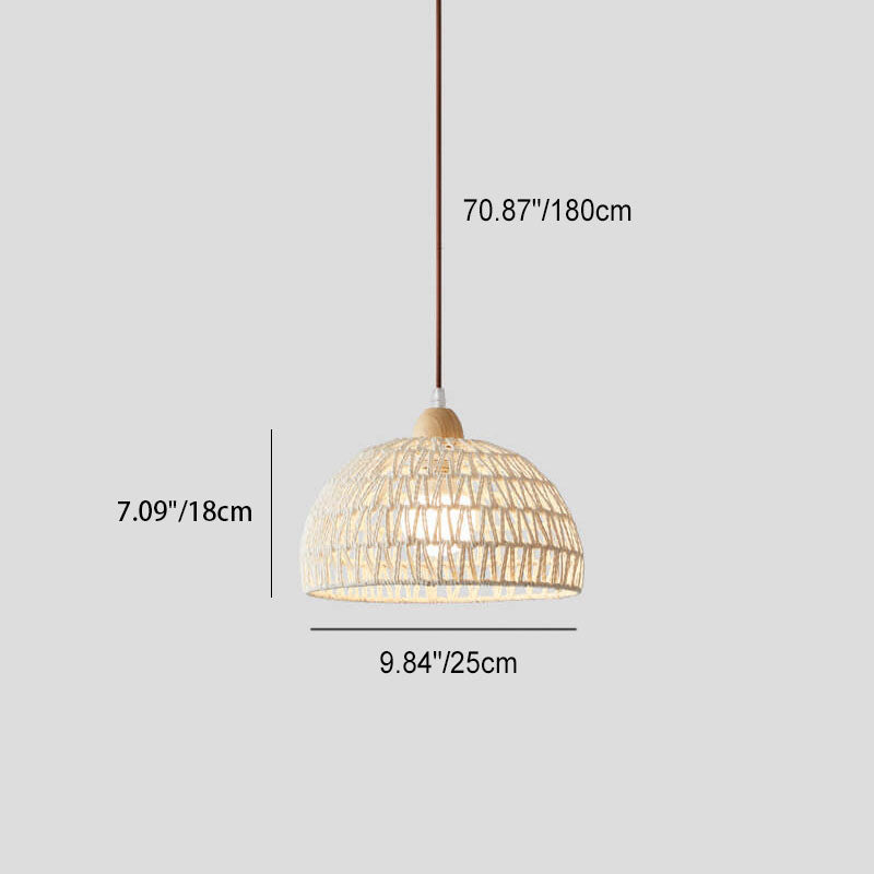 Contemporary Boho Rubberwood Faux Rattan Weaving Dome 1-Light Pendant Light For Dining Room