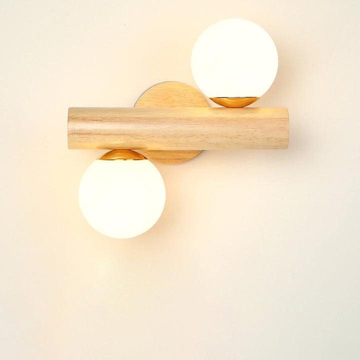 Traditional Japanese Metal Rubber Wood Walnut Glass Cylinder Strip Ball 2-Light Wall Sconce Lamp For Bedside
