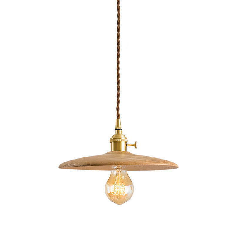 Contemporary Retro Ash Wood Copper Round Dish Irregular Grain 1-Light Pendant Light For Dining Room