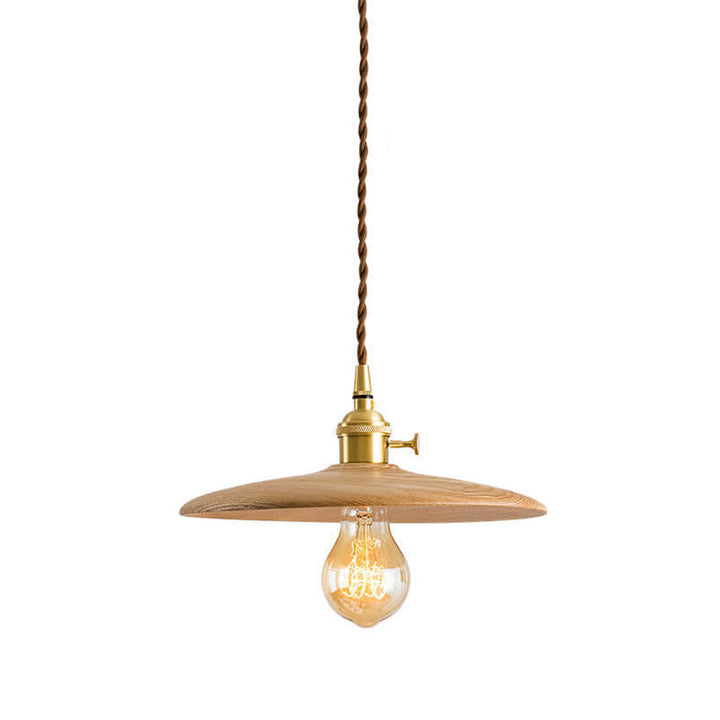 Contemporary Retro Ash Wood Copper Round Dish Irregular Grain 1-Light Pendant Light For Dining Room