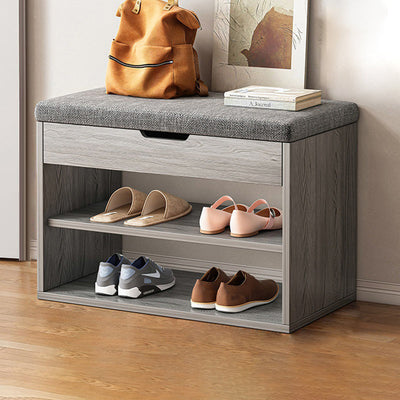 Rangement à chaussures moderne minimaliste rectangulaire en tissu, cuir PU et bois à 3 niveaux pour entrées 