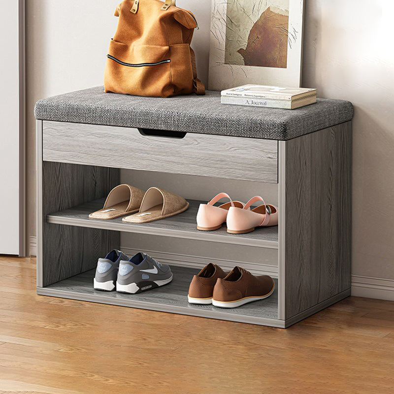 Rangement à chaussures moderne minimaliste rectangulaire en tissu, cuir PU et bois à 3 niveaux pour entrées 