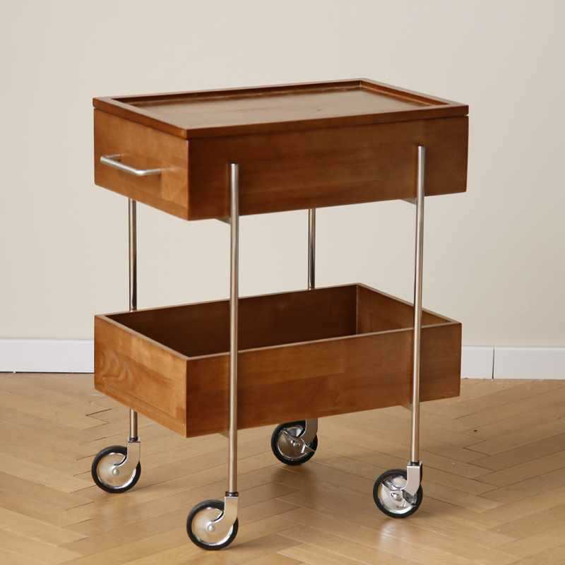 Zeitgenössischer Retro Rechteckiger Holz-Edelstahl-Beistelltisch, 2-stufig, beweglich für das Wohnzimmer 
