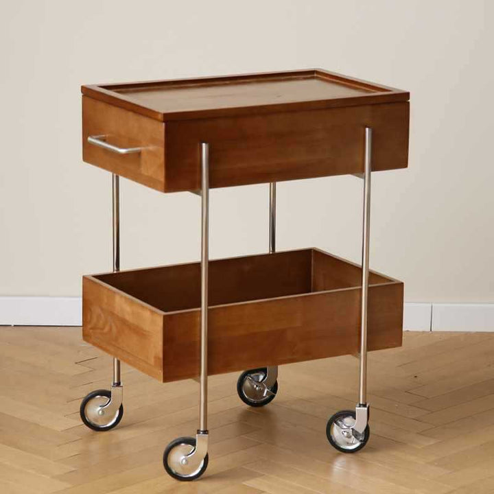Zeitgenössischer Retro Rechteckiger Holz-Edelstahl-Beistelltisch, 2-stufig, beweglich für das Wohnzimmer 