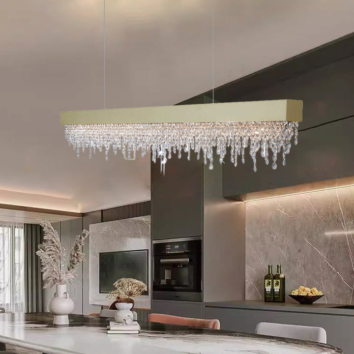 Lustre LED rectangulaire en acier inoxydable avec cristaux de luxe contemporain pour salle à manger 