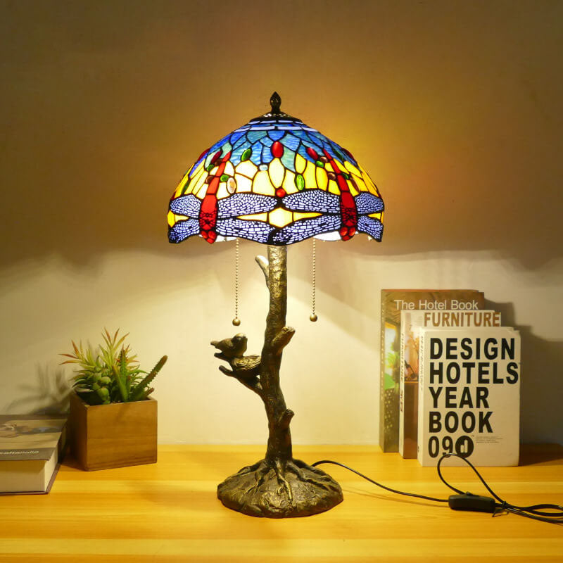 Traditional Tiffany Dragonfly Flower Stained Glass Bird Base 2-Light Table Lamp For Bedroom
