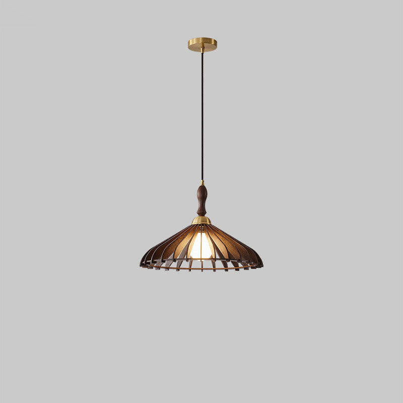 Traditional Japanese Umbrella Ash Wood Copper 1-Light Pendant Light For Bedroom