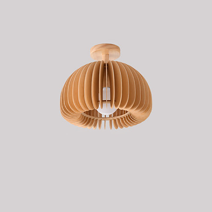 Traditional Japanese Iron Wood Round Grille 1-Light Semi-Flush Mount Ceiling Light For Hallway