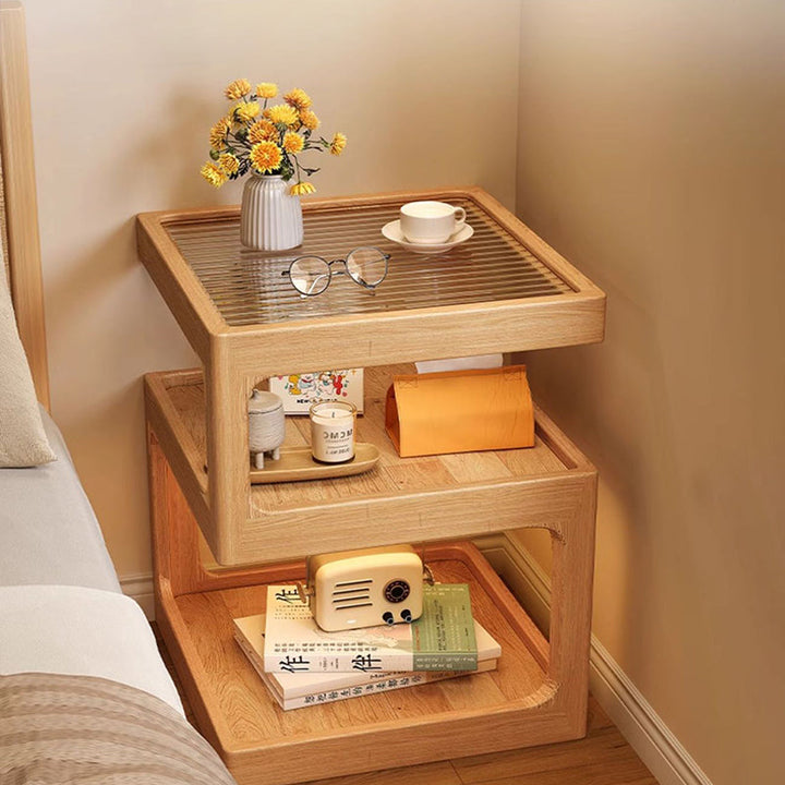Traditioneller Vintage-Beistelltisch mit quadratischer Glasplatte aus Kautschukholz und Sperrholz, 3 Ebenen, für das Wohnzimmer 