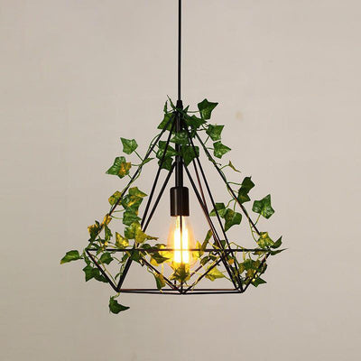 Luz colgante de 1 luz con hoja de sakura de diamante de vegetación simulada de cuerda de cáñamo de hierro retro contemporáneo para comedor 