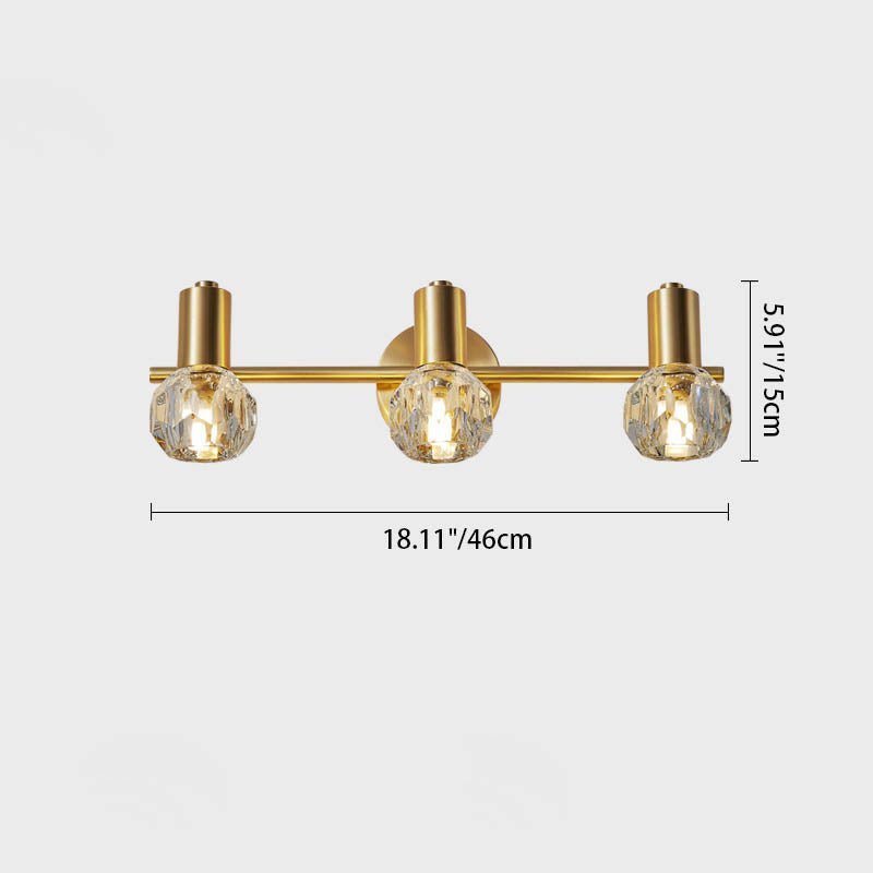 Lámpara de pared de lujo moderno cilindro diamante todo latón cristal 2/3 luces para baño 
