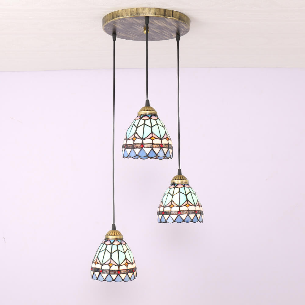 Lámpara colgante de isla de 3 luces con pantalla abovedada de vidrio Tiffany y hierro para sala de estar 