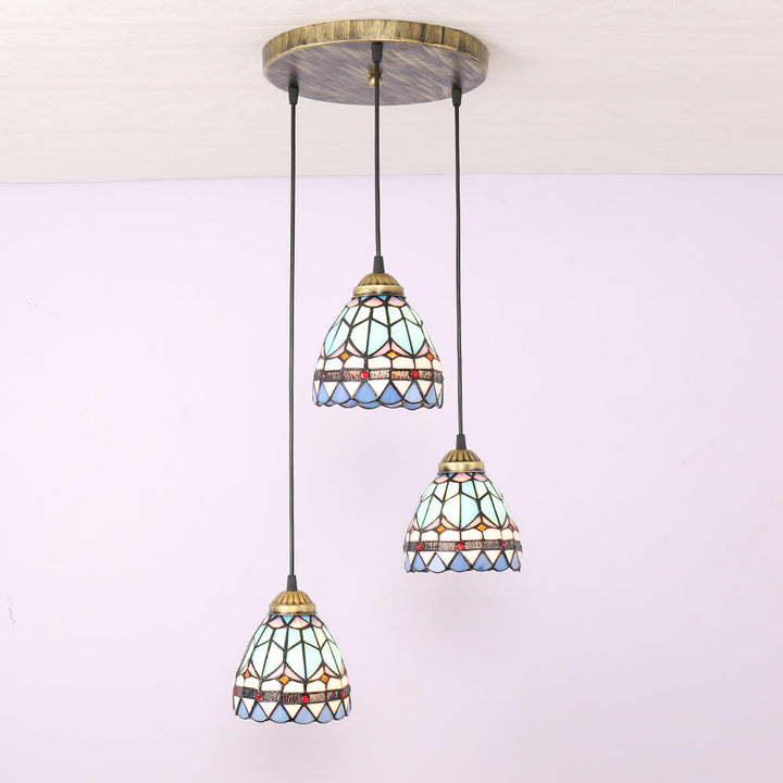 Lámpara colgante de isla de 3 luces con pantalla abovedada de vidrio Tiffany y hierro para sala de estar 