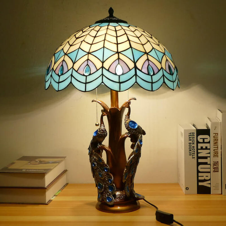 Traditional Tiffany Stained Glass Resin Dome Peacock Base 2-Light Table Lamp For Bedroom