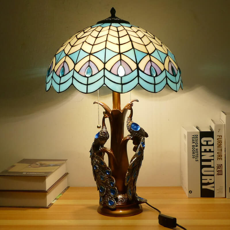 Vintage Tiffany Stained Glass Dome Peacock Base 2-Light Table Lamp