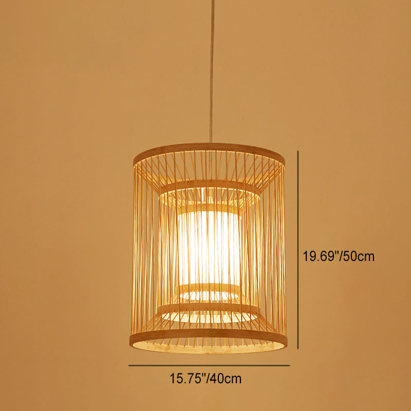 Lustre Suspendu Traditionnel Chinois Rond Vertical en Bambou 1 Lumière Pour Salon 