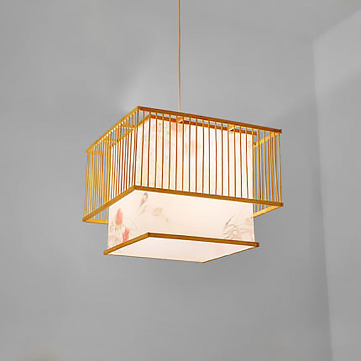 Lampe suspendue moderne chinoise simple à 1 lumière carrée en bambou 