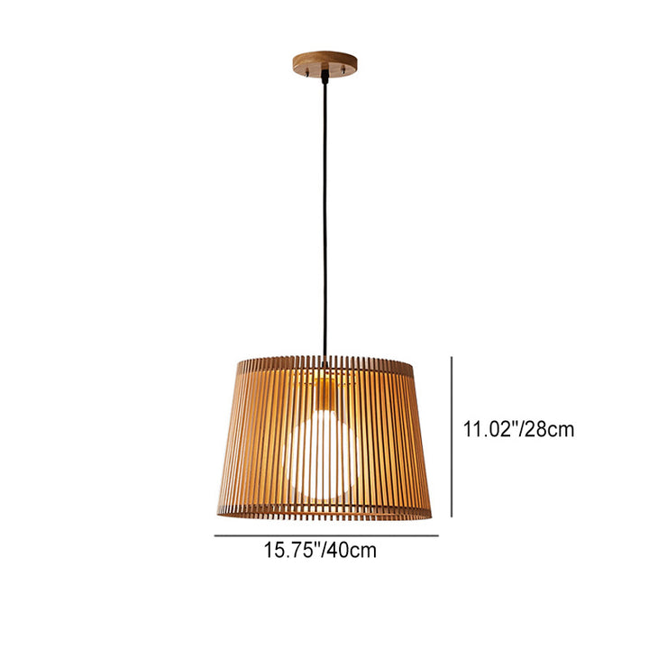 Traditional Japanese Wood Acrylic Cylinder Bucket 1-Light Pendant Light For Dining Room