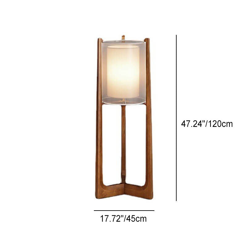 Traditional Japanese Solid Wood Brass Fabric Column 1-Light Standing Floor Lamp For Living Room And Bedroom