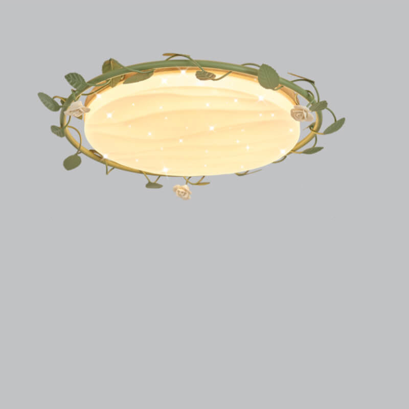Modern Minimalist Disc Rose Rattan Wood Acrylic LED Flush Mount Ceiling Light