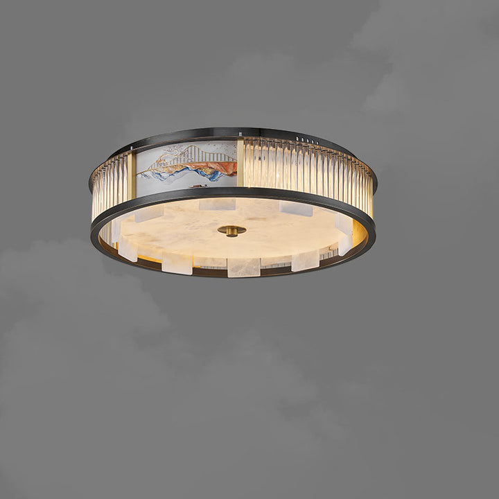 Traditional Chinese Marble Stainless Steel Copper Glass Rods Marble Round LED Flush Mount Ceiling Light For Living Room