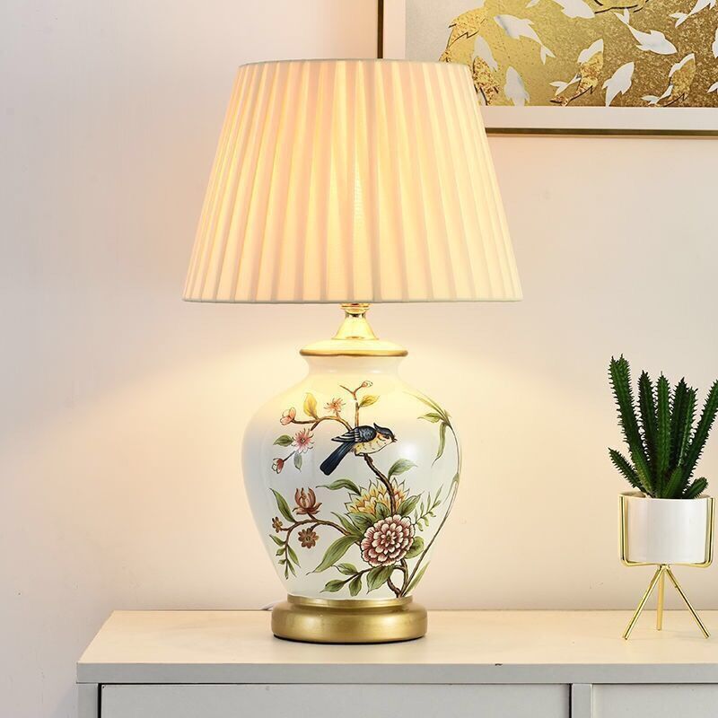 Traditional Chinese Ceramic Fabric Electroplated Antique Brass Finish Vase Cone 1-Light Table Lamp For Home Office