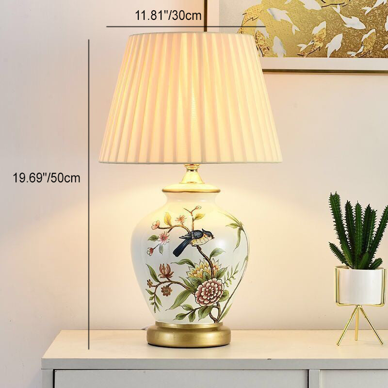 Traditional Chinese Ceramic Fabric Electroplated Antique Brass Finish Vase Cone 1-Light Table Lamp For Home Office