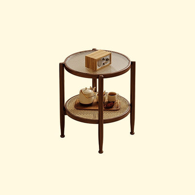 Traditioneller japanischer runder Glastisch aus Rattan und massivem Holz mit 2 Ebenen für das Wohnzimmer 