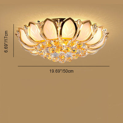 Lustre Moderne de Luxe Doré Glamour avec Base en Verre Dépoli Lotus et Perles de Cristal 4/6 Lumières Plafonnier pour Salon 