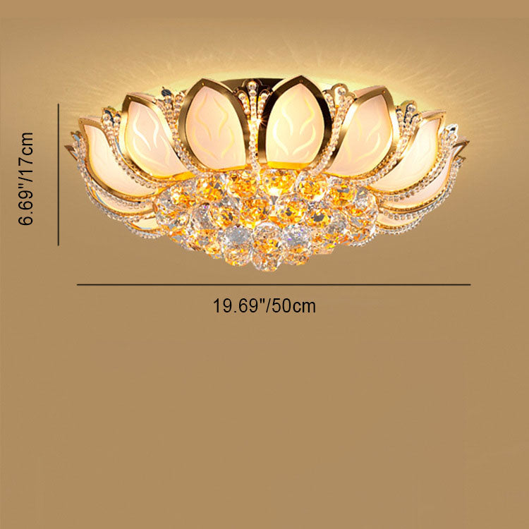 Lustre Moderne de Luxe Doré Glamour avec Base en Verre Dépoli Lotus et Perles de Cristal 4/6 Lumières Plafonnier pour Salon 